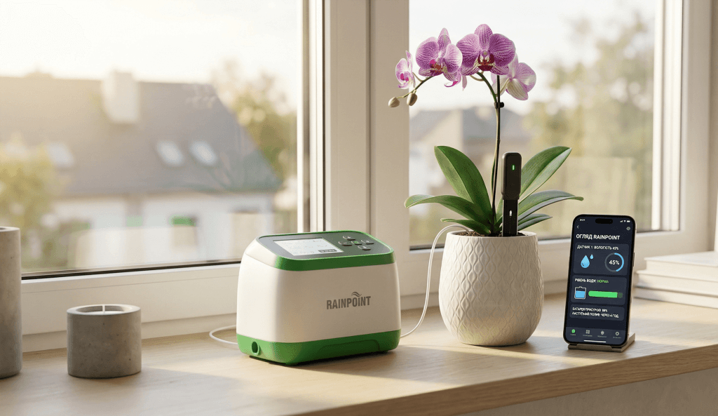 Преміум-система автополиву RAINPOINT Micro-Drip із датчиком вологості та мобільний додаток українською мовою з показниками вологості ґрунту.