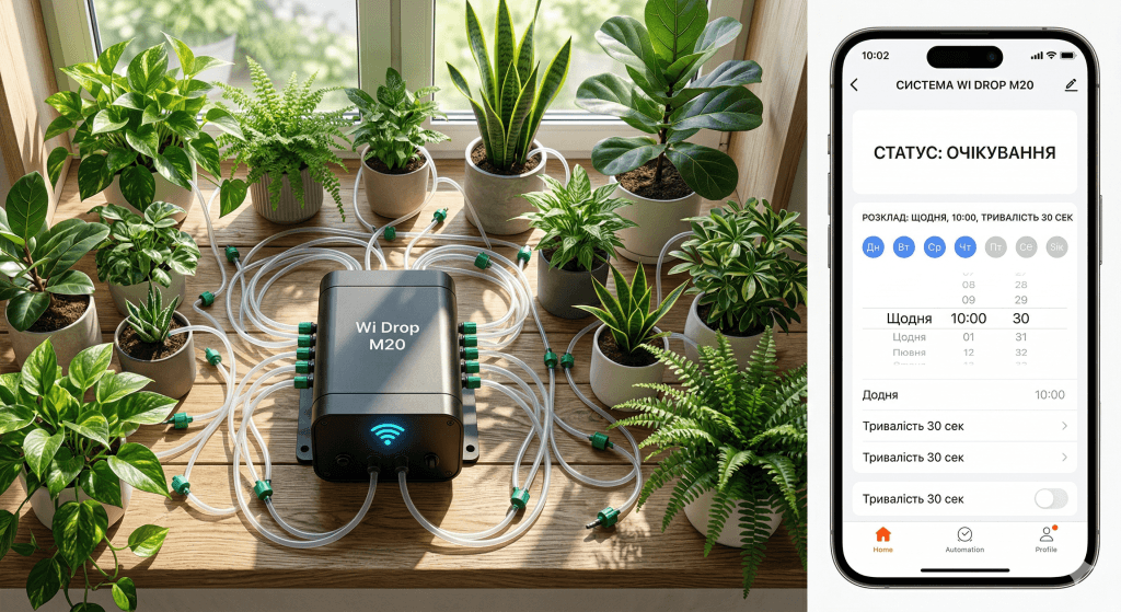 Система автополиву Wi Drop M20 для великої колекції кімнатних рослин та інтерфейс мобільного додатку Tuya українською мовою для налаштування розкладу.
