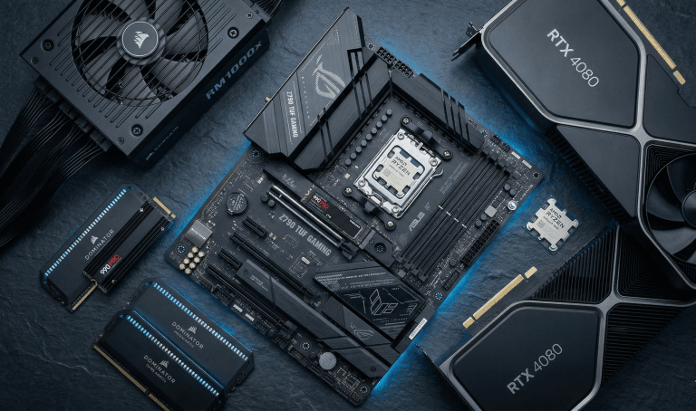 Комплектуючі для ігрового ПК за $600 у 2026 — відеокарта RTX, процесор Ryzen, ОЗУ та SSD на темному фоні