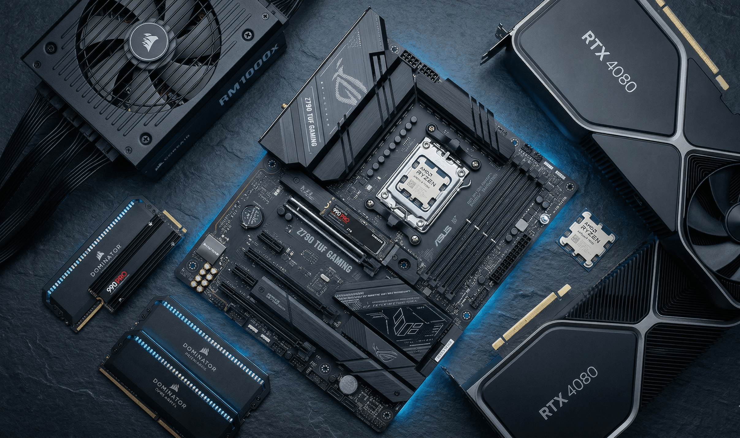 Комплектуючі для ігрового ПК за $600 у 2026 — відеокарта RTX, процесор Ryzen, ОЗУ та SSD на темному фоні