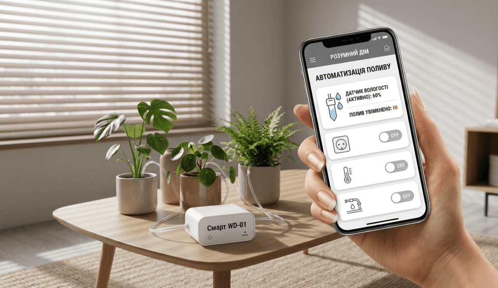 Інтерфейс додатка Home Assistant українською мовою для інтеграції системи автополиву WD-01 в екосистему розумного дому.