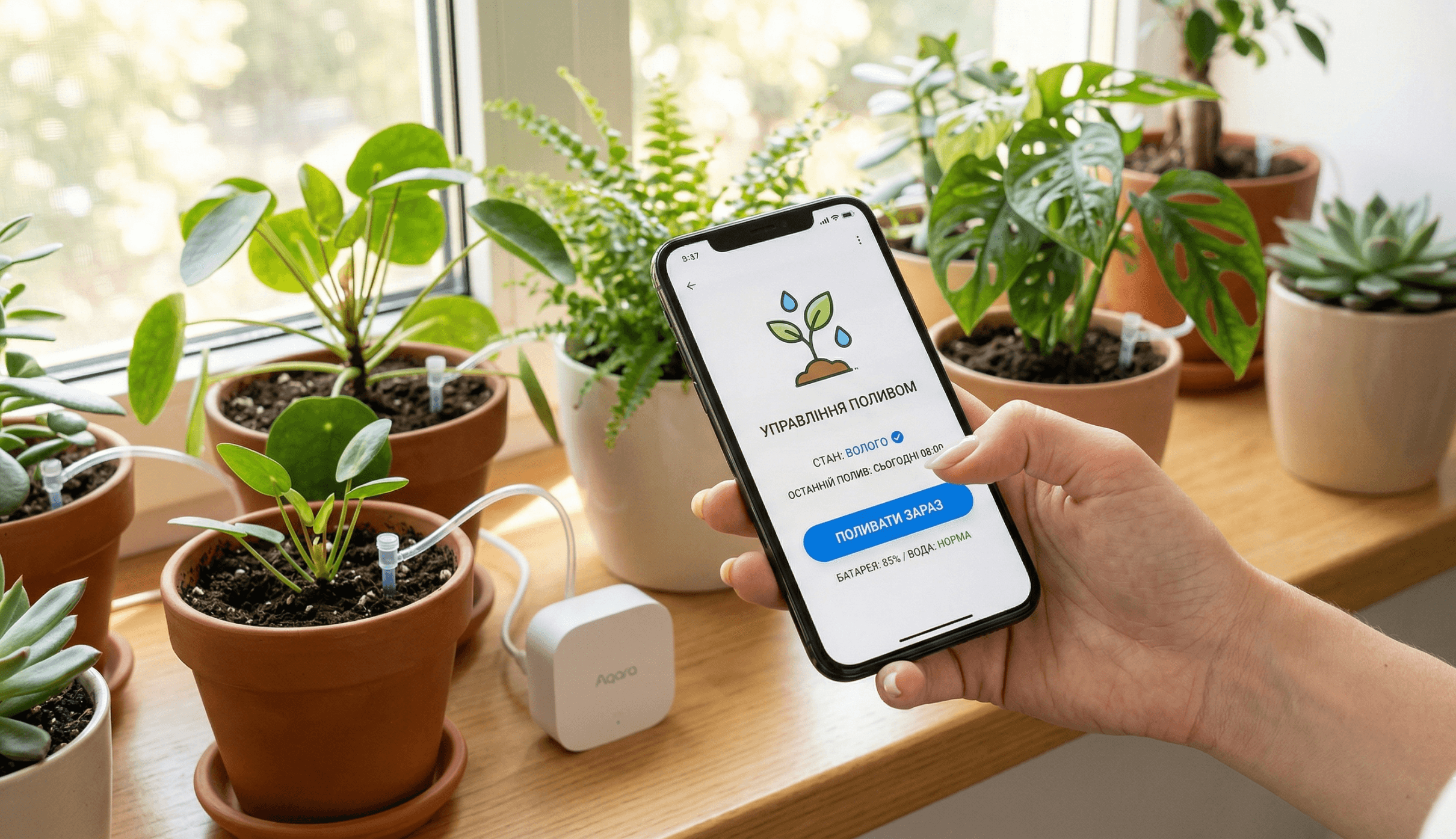 Смартфон із відкритим мобільним додатком українською мовою для керування розумною системою автополиву кімнатних рослин на підвіконні.