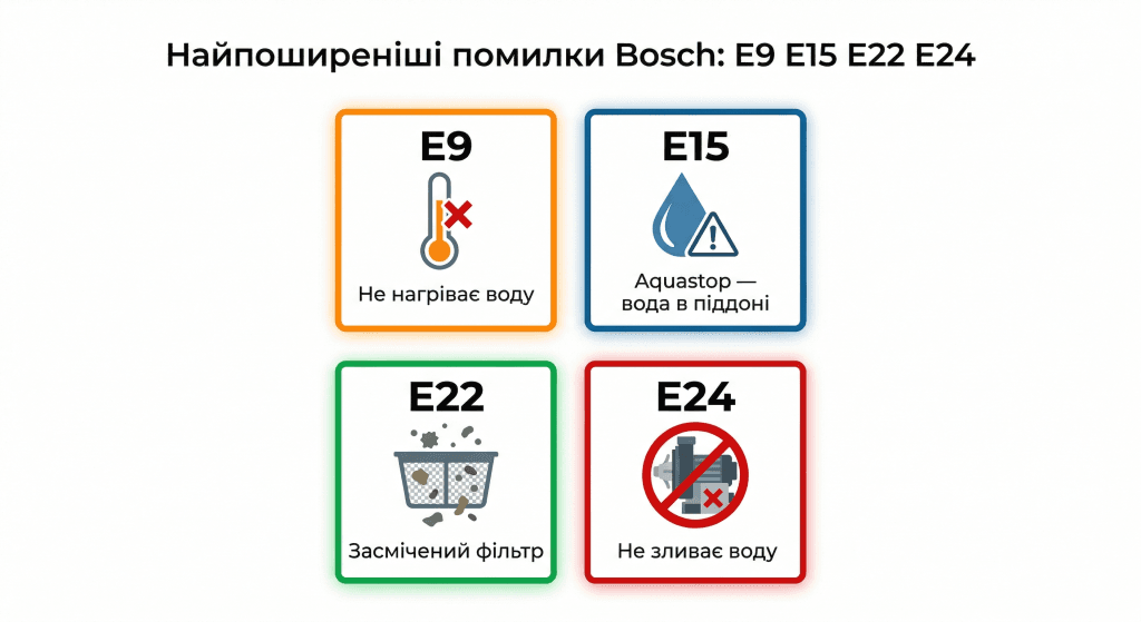 Bosch E9 E15 E22 E24 таблиця помилок порівняння — нагрів протікання фільтр злив чотири коди