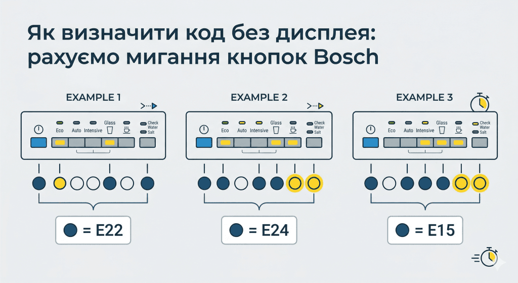 Bosch посудомийна помилка без дисплея мигання кнопок — як визначити код E22 E24 E15 підрахунок миготінь
