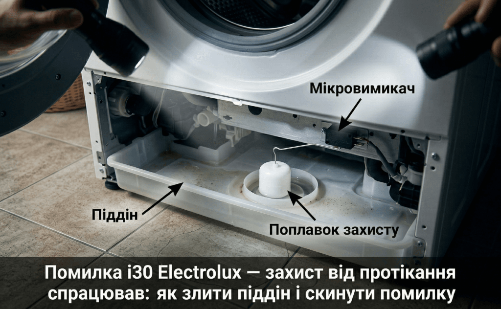 Electrolux i30 де знаходиться поплавок захисту — піддін мікровимикач розташування знизу машини