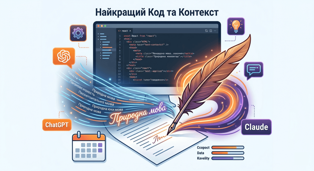 Цифрова інфографіка, що ілюструє створення контенту штучним інтелектом. Поєднано старовинне перо, яке пише природний український текст (символ емпатії), та монітор комп'ютера, що відображає чистий код. Текст українською: "Найкращий Код та Контекст" та "Природна мова".