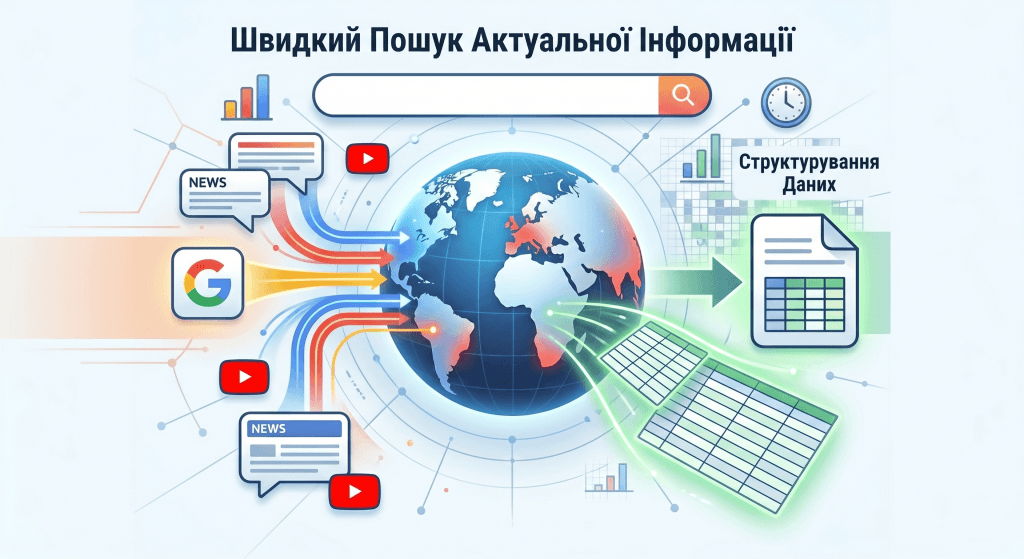 Цифрова інфографіка, що показує можливості пошуку та аналізу даних. Глобус із рядком пошуку "Швидкий Пошук Актуальної Інформації" (символ Gemini) підключено до джерел даних (YouTube, Google), які потім перетворюються на впорядковані таблиці ("Структурування Даних"). Стиль світиться.