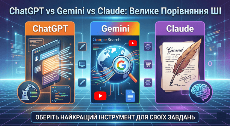 Сучасна цифрова інфографіка, що порівнює ChatGPT, Gemini та Claude. Три колони показують сильні сторони: ChatGPT (код), Gemini (пошук та інтеграція Google), Claude (написання текстів та контекст). Текст українською мовою: "Велике Порівняння ШІ".