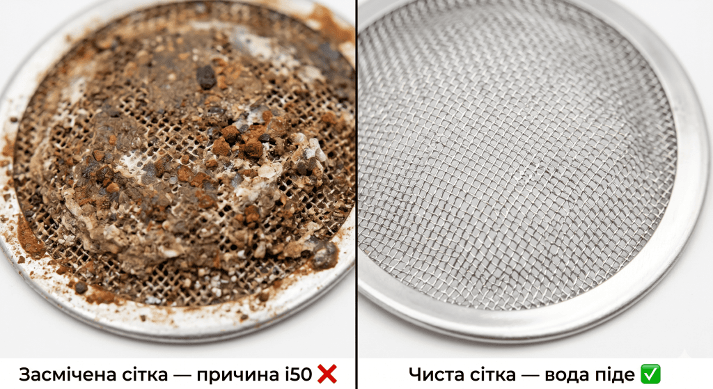 помилка i50 Electrolux фільтр сітка заливного шланга — засмічена і чиста сітка порівняння чищення