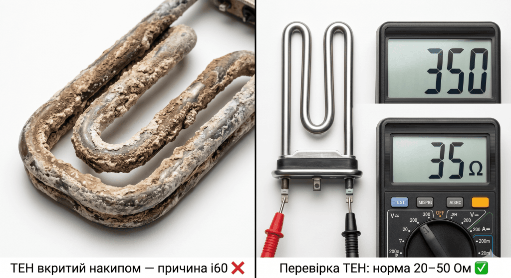 Electrolux i60 ТЕН перевірити мультиметром несправний — накип нагрівач опір норма 20-50 Ом