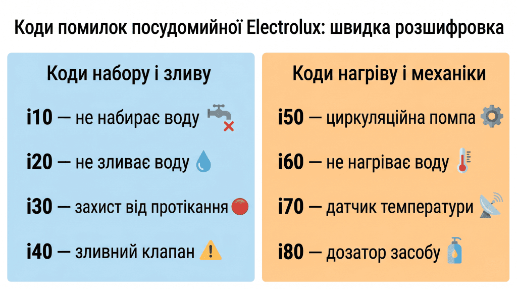 таблиця помилок посудомийна Electrolux розшифровка — коди i10 i20 i30 i40 i50 i60 i70 i80 список