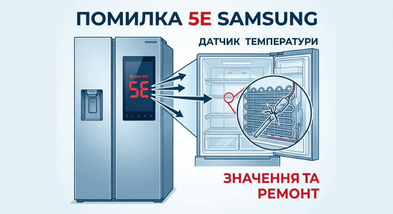 Головна інфографіка для статті про помилку 5E в холодильнику Samsung. На дисплеї блимає 5E, показано датчик температури.