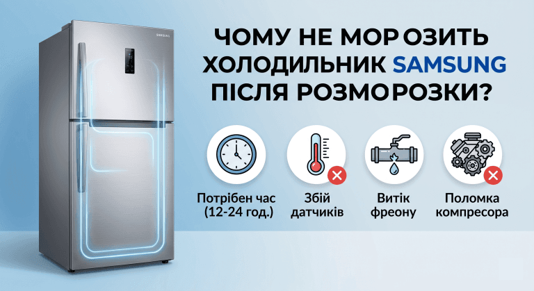 Інфографіка, що пояснює причини, чому холодильник Samsung не морозить після розморозки.