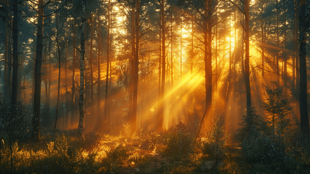 параметри Midjourney для реалістичних фото --style scenic — ліс золота година кінематографічний пейзаж