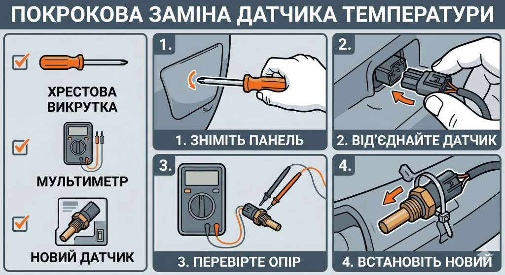 Інфографіка-гайд: покрокова інструкція із заміни датчика температури на холодильнику Samsung для виправлення помилки 5E.