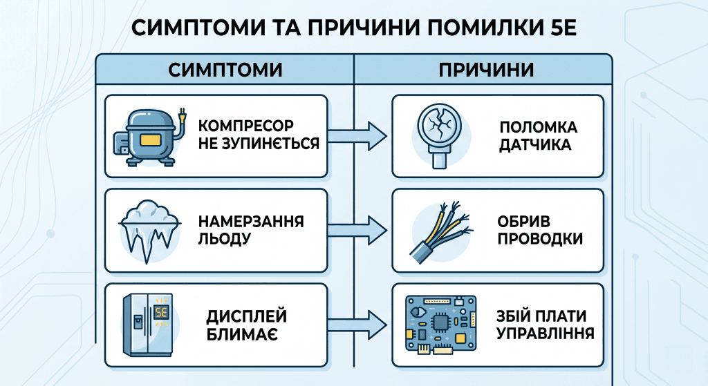 Інфографіка, яка показує симптоми та причини помилки 5E в холодильнику Samsung: компресор, намерзання льоду, поломка датчика.