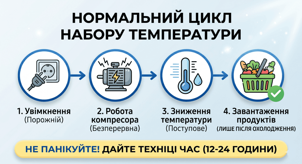 Інфографіка, що ілюструє етапи набору температури холодильником Samsung після вмикання.