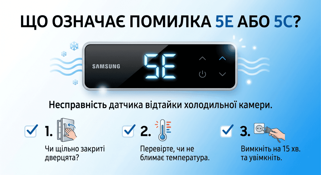 Схема діагностики помилки 5E на холодильнику Samsung.
