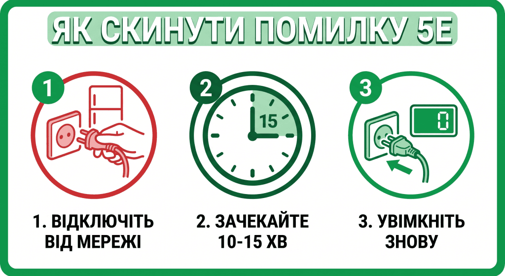 Інфографіка-інструкція: як скинути помилку 5E на холодильнику Samsung шляхом перезавантаження.