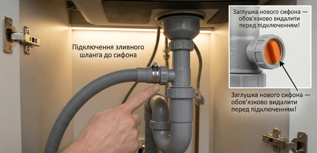 посудомийна Bosch E24 сифон каналізація засмічені — підключення шланга заглушка нового сифона