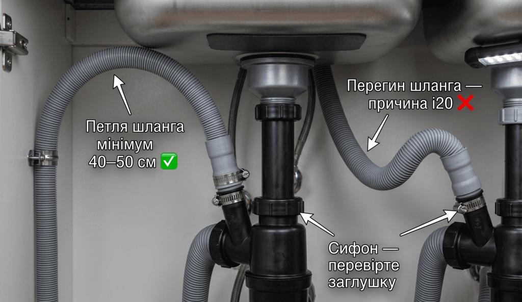 посудомийна Electrolux i20 шланг зливний перевірити — петля шланга висота сифон підключення