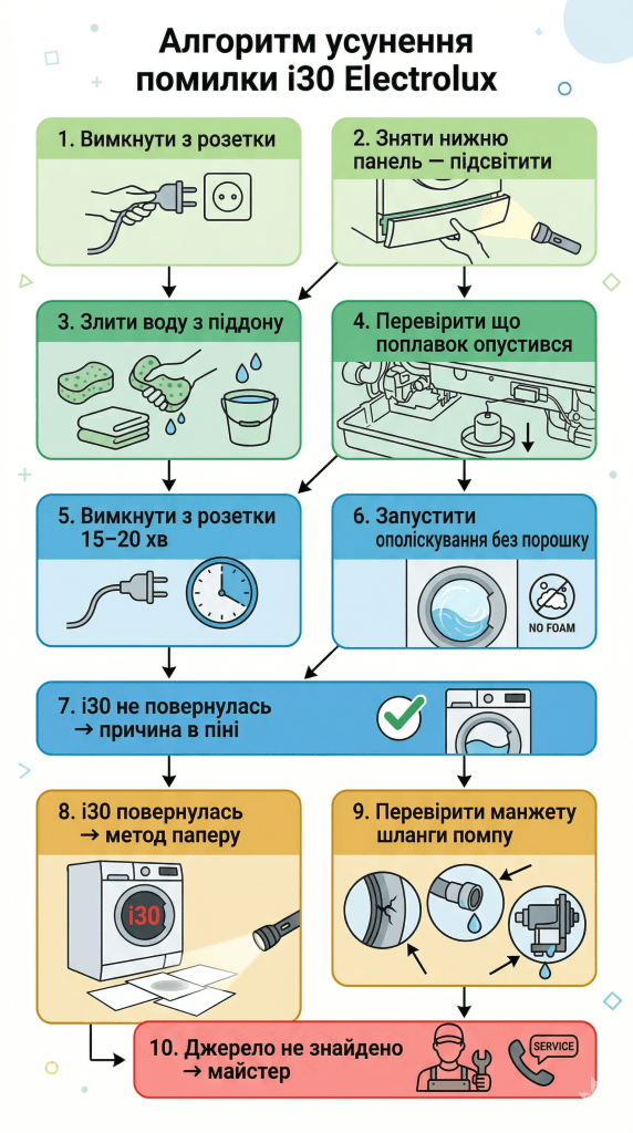 як скинути помилку i30 Electrolux без майстра — покроковий алгоритм піддін поплавок скидання