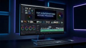 Професійний інтерфейс відеоредактора на моніторі з таймлайном та інструментами кольорокорекції без водяних знаків.