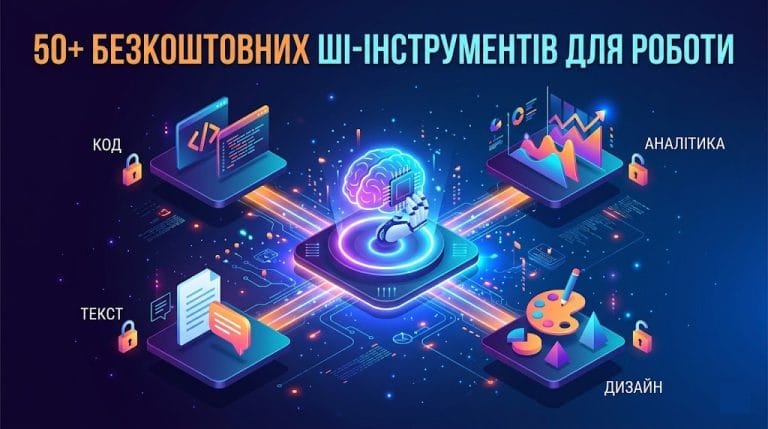Сучасна ізометрична 3D-ілюстрація, що зображує центральний вузол штучного інтелекту, від якого відходять шляхи до різних робочих категорій (текст, дизайн, код, аналітика) із розблокованими замками, що символізують безкоштовний доступ. Текст на зображенні: "50+ БЕЗКОШТОВНИХ ШІ-ІНСТРУМЕНТІВ ДЛЯ РОБОТИ".
