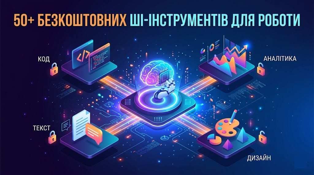 Сучасна ізометрична 3D-ілюстрація, що зображує центральний вузол штучного інтелекту, від якого відходять шляхи до різних робочих категорій (текст, дизайн, код, аналітика) із розблокованими замками, що символізують безкоштовний доступ. Текст на зображенні: "50+ БЕЗКОШТОВНИХ ШІ-ІНСТРУМЕНТІВ ДЛЯ РОБОТИ".