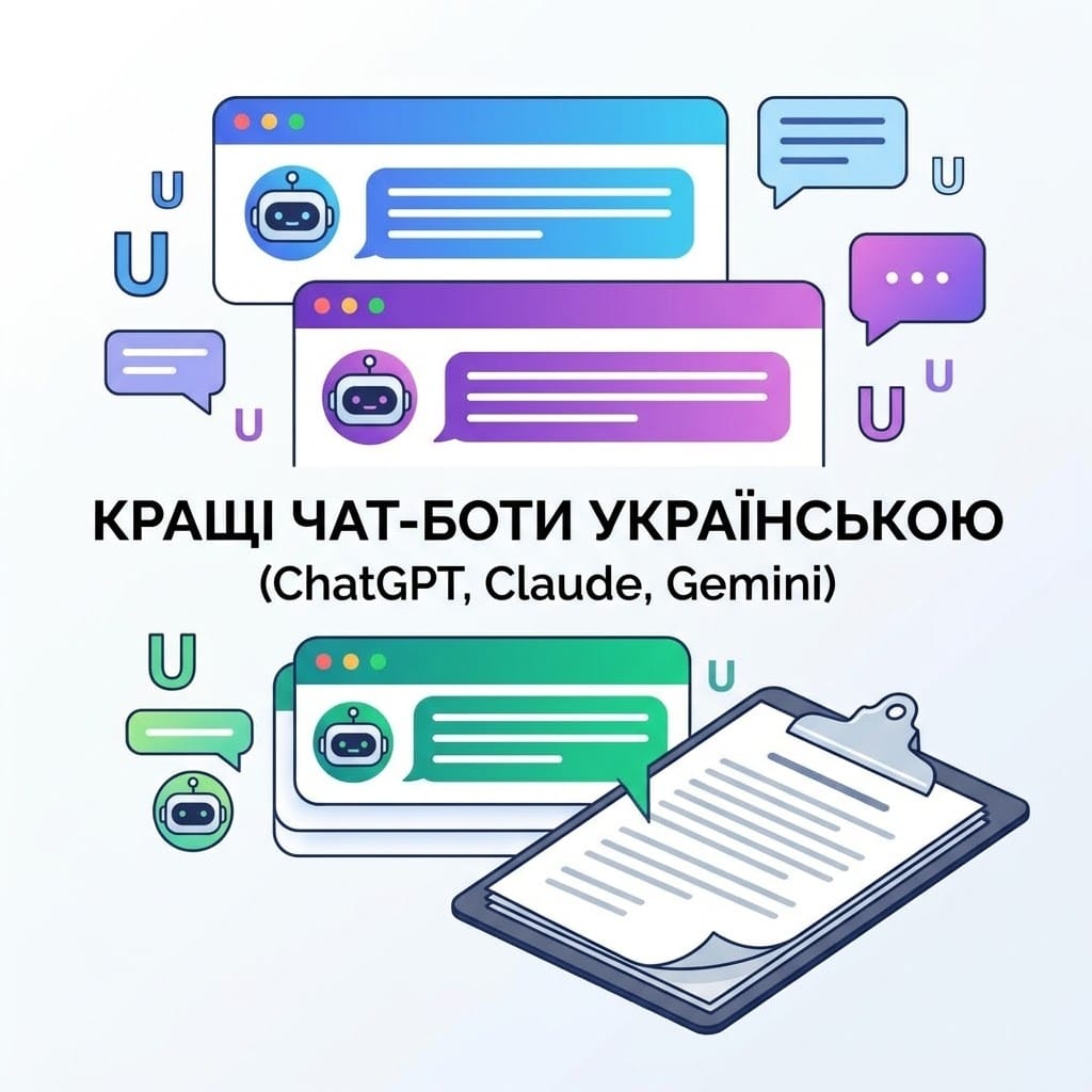 Квадратна векторна ілюстрація у сучасному стилі, що показує три abstract chat інтерфейси штучного інтелекту, які об'єднуються у готовий текстовий документ, символізуючи вибір кращого чат-бота з підтримкою української мови. Текст на зображенні: "КРАЩІ ЧАТ-БОТИ УКРАЇНСЬКОЮ".