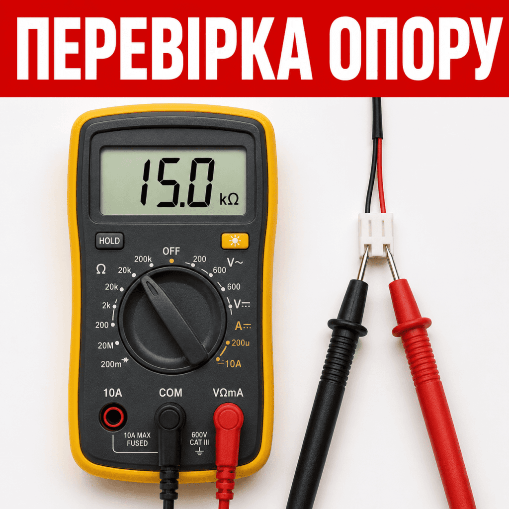 Процес перевірки електричного опору температурного датчика кондиціонера за допомогою цифрового мультиметра.