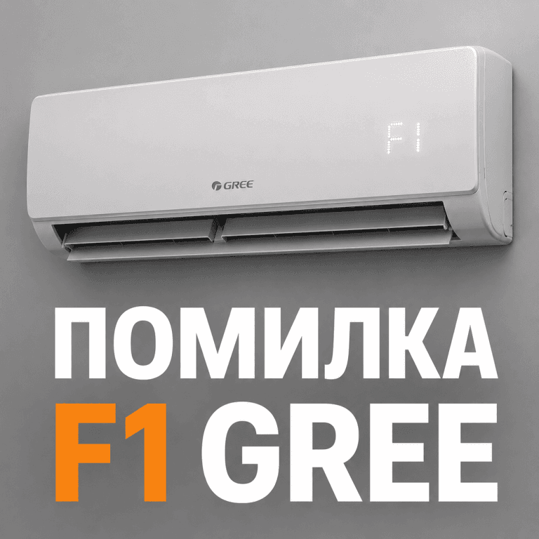 Головне зображення статті: внутрішній блок кондиціонера Gree з кодом помилки F1 на LED-дисплеї.
