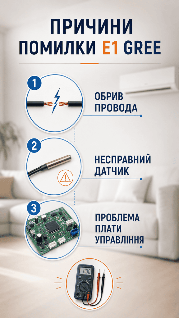 Вертикальна інфографіка українською мовою: основні причини появи помилки E1 на кондиціонері Грі (обрив провода, несправний датчик, проблема плати). Оптимізовано для мобільних пристроїв.