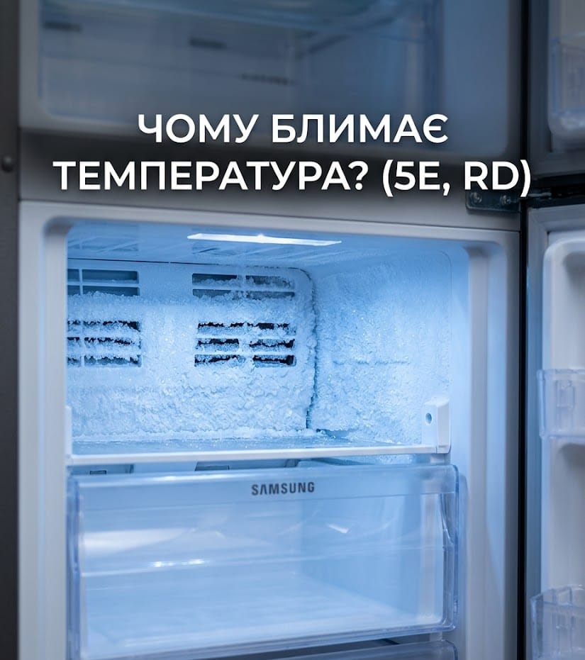 Ближний план открытой морозильной камеры холодильника Samsung, где видно намерзание льда на задней стенке. Надпись: "ПОЧЕМУ МИГАЕТ ТЕМПЕРАТУРА?".
