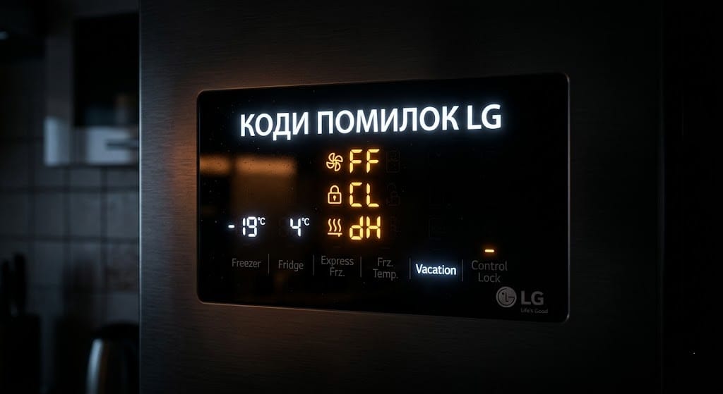 Цифрова панель керування холодильника LG із символами кодів помилок на темному фоні.