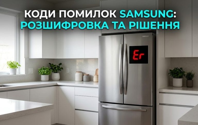 Сучасний холодильник Samsung у стилі інтер'єру з яскравим написом українською мовою "КОДИ ПОМИЛОК SAMSUNG".