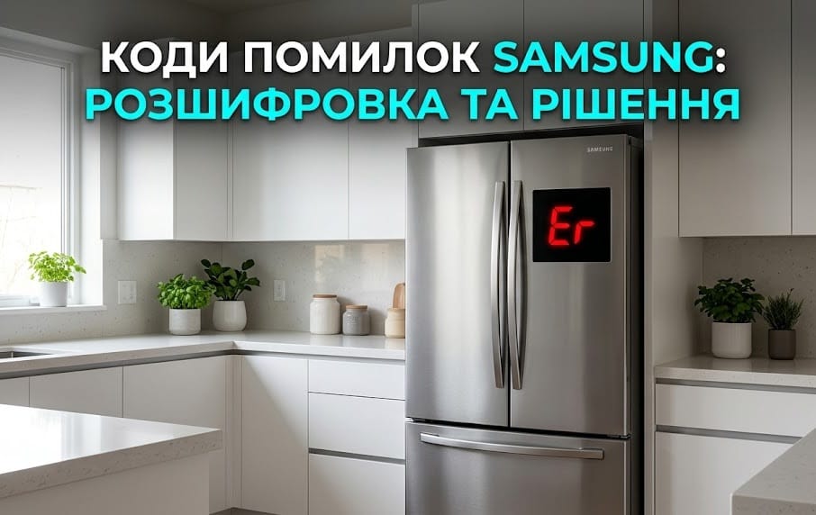 Современный холодильник Samsung в стиле интерьера с яркой надписью на украинском языке "КОДЫ ОШИБОК SAMSUNG".