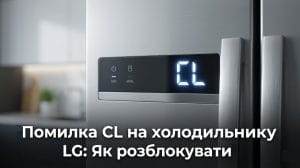 Дисплей сучасного холодильника LG, на якому світиться помилка CL (блокування панелі управління).