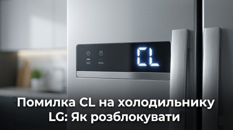 Дисплей сучасного холодильника LG, на якому світиться помилка CL (блокування панелі управління).