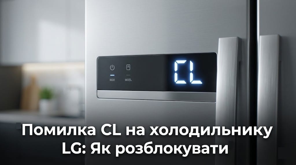 Дисплей сучасного холодильника LG, на якому світиться помилка CL (блокування панелі управління).