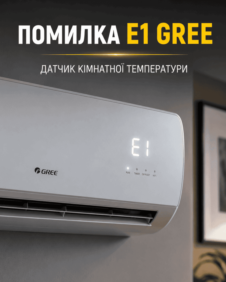 Кондиціонер Gree з помилкою E1 на дисплеї, заголовок українською мовою: ПОМИЛКА E1 GREE — ДАТЧИК КІМНАТНОЇ ТЕМПЕРАТУРИ.