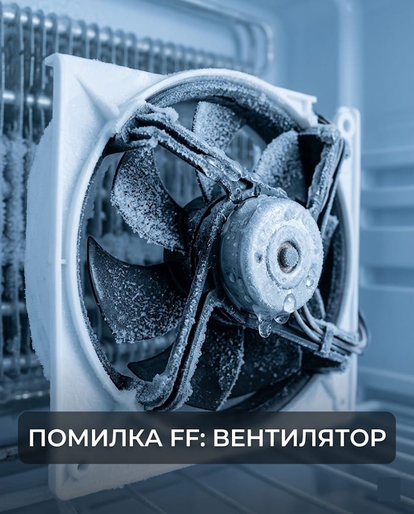 Макрофотографія заіневілого вентилятора в морозильній камері холодильника LG, помилка FF.