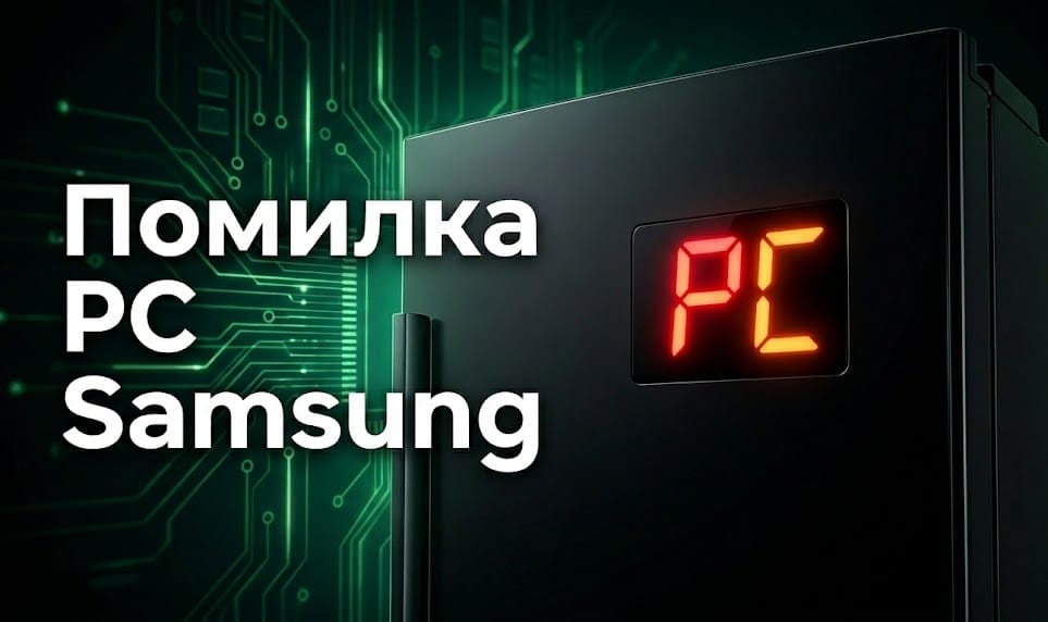 Дисплей холодильника Samsung, який блимає помилкою PC на фоні електронної плати управління.