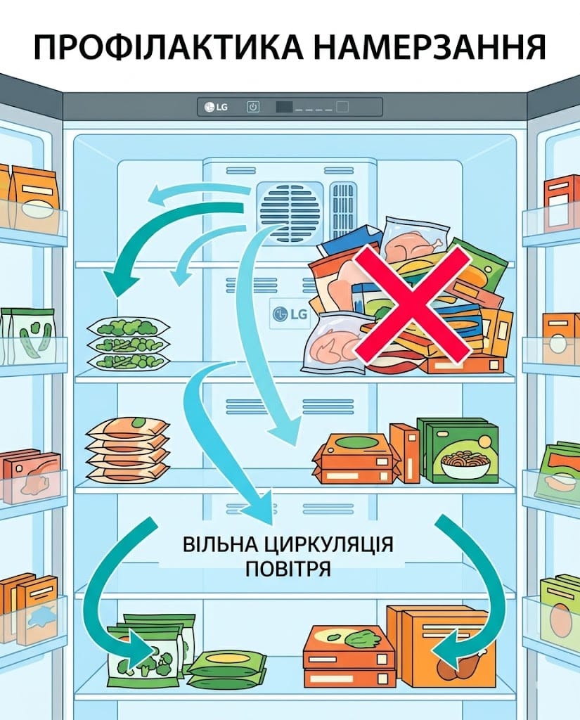 Схема правильного розміщення продуктів у морозильній камері LG для забезпечення вільної циркуляції повітря та уникнення намерзання.