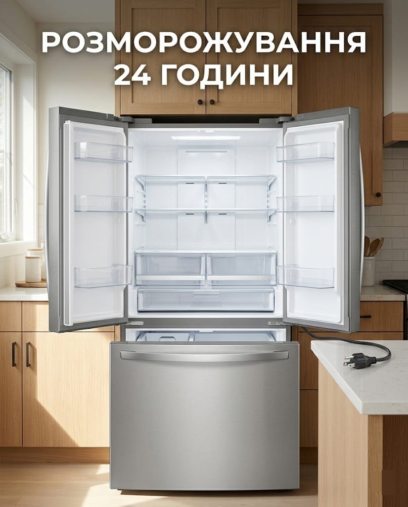 Порожній холодильник LG з відчиненими дверцятами, який підготовлений до повного розморожування