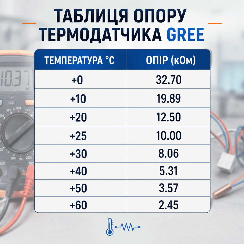 Графічна таблиця українською мовою, що показує залежність опору кімнатного термодатчика Gree (в кОм) від температури (°C). Експертна інформація для діагностики помилки E1.