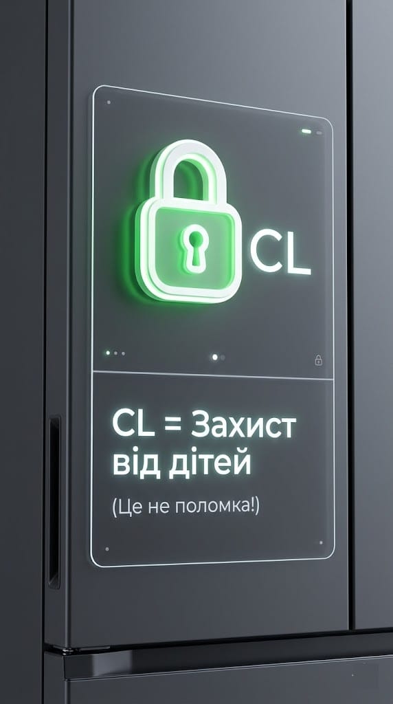 Інфографіка, що пояснює код CL на LG холодильниках: увімкнено Child Lock.