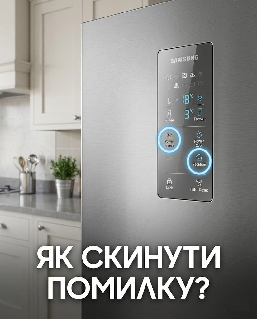 Ближний план цифровой сенсорной панели управления холодильника Samsung. Выделены две кнопки для перезагрузки системы. Надпись: "КАК СБРОСИТЬ ОШИБКУ?".