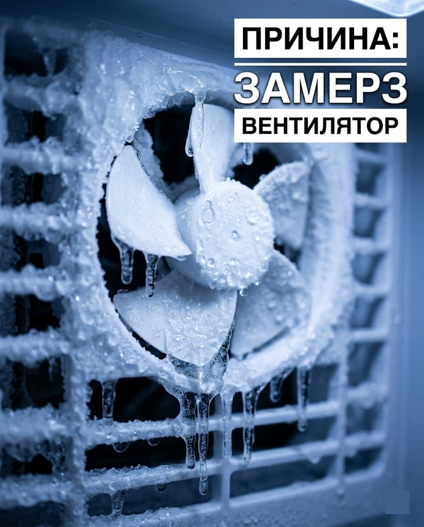 Лопаті вентилятора в морозильній камері холодильника, які повністю вкриті товстим шаром льоду та інею