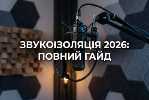 Професійна звукоізоляція робочого кабінету стрімера: акустичні панелі та мікрофон на фоні ізольованої стіни.
